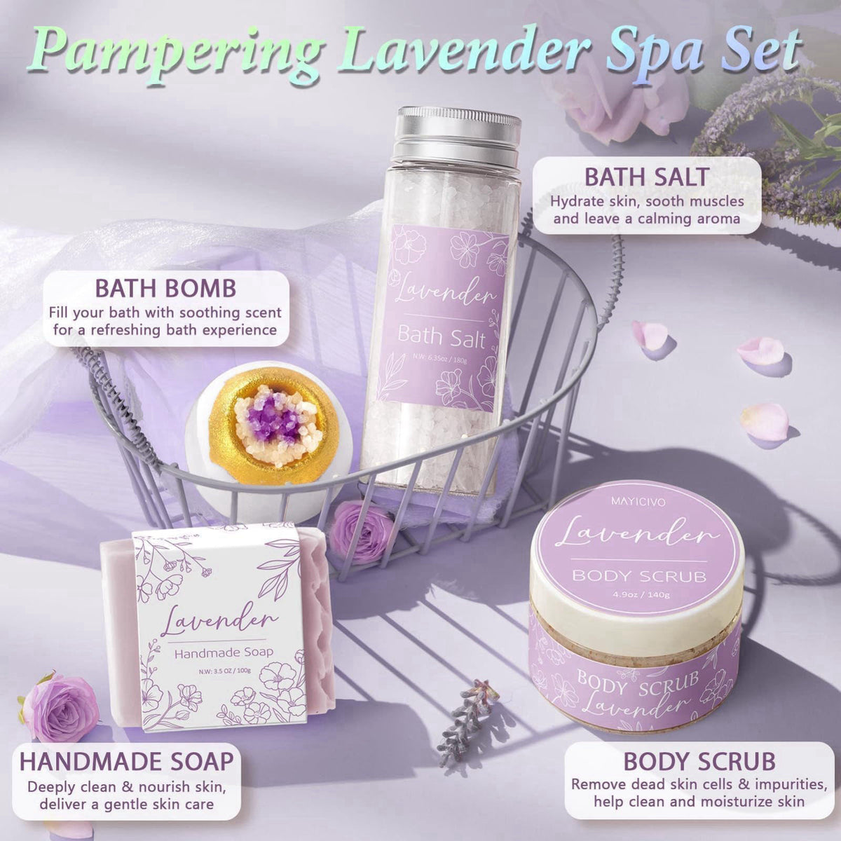 MAYICIVO Spa Gifts Baskets for Women, Bath Sets Christmas Birthday Gifts for Women – back view and specifications