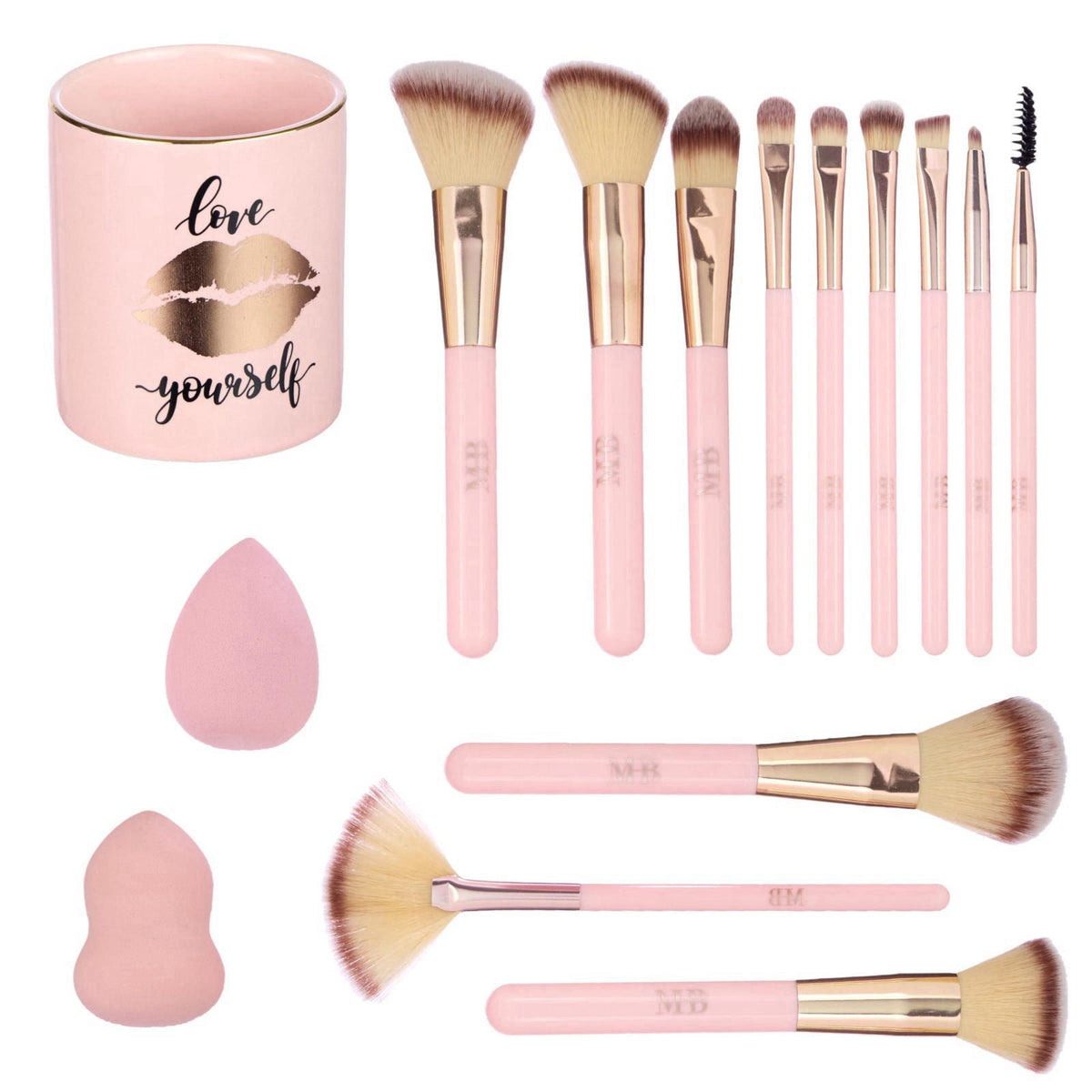 EXPRESSIONS 15pc Pro Beauty Brush Set - Makeup Brushes, Beauty Blenders, Spoolie – close-up detail in Pink