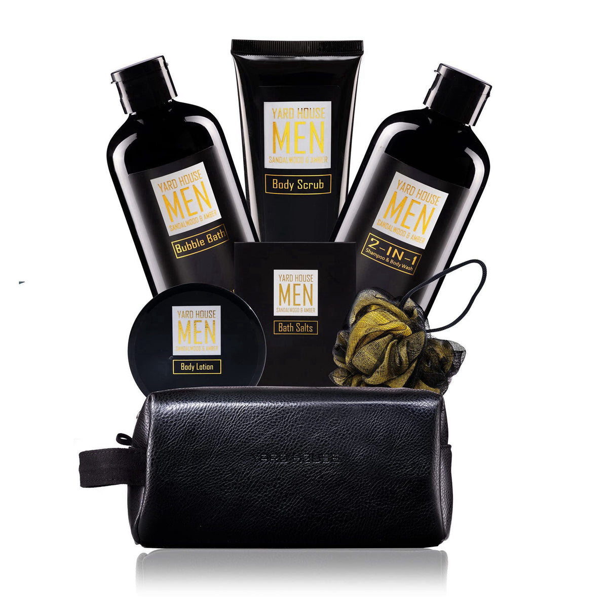 Yard House Bath and Body Spa Gift Baskets Set for Men - Sandalwood Amber - 7Pc Full Size Spa Kit in Toiletry Bag - Fathe