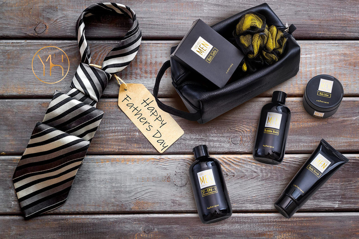 Yard House Bath and Body Spa Gift Baskets Set for Men - Sandalwood Amber - 7Pc Full Size Spa Kit in Toiletry Bag - Fathe