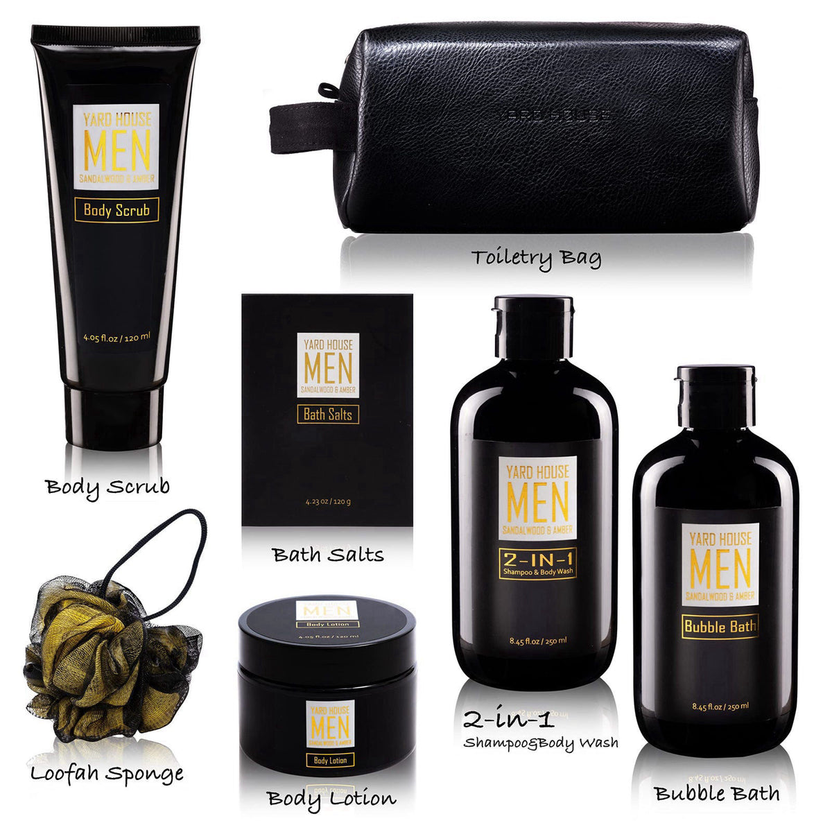Yard House Bath and Body Spa Gift Baskets Set for Men - Sandalwood Amber - 7Pc Full Size Spa Kit in Toiletry Bag - Fathe