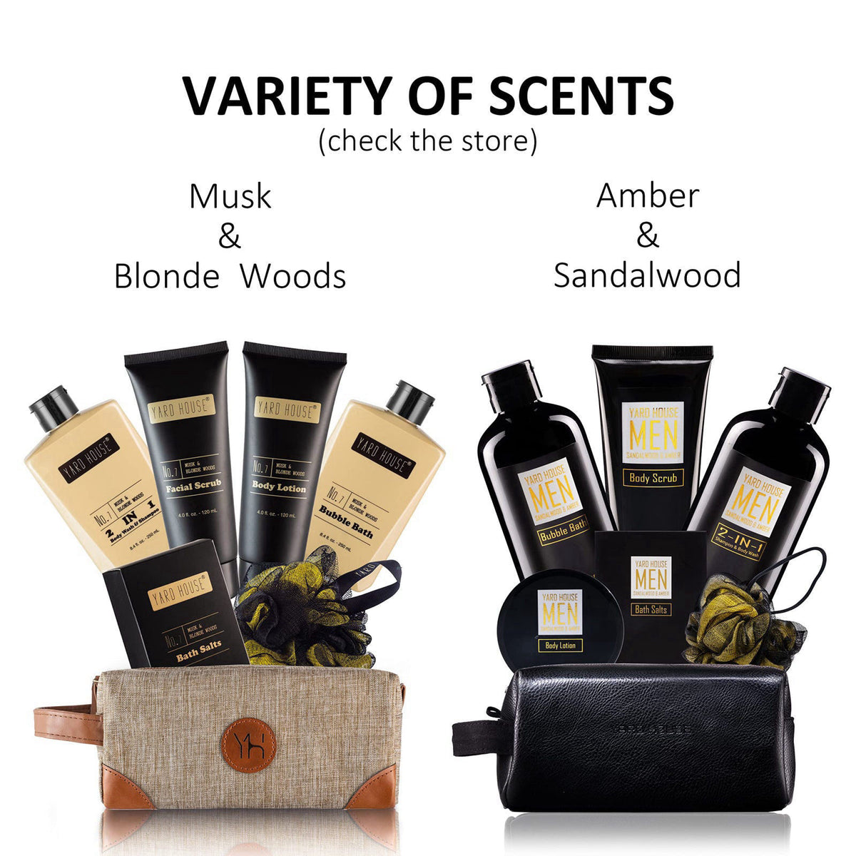 Yard House Bath and Body Spa Gift Baskets Set for Men - Sandalwood Amber - 7Pc Full Size Spa Kit in Toiletry Bag - Fathe