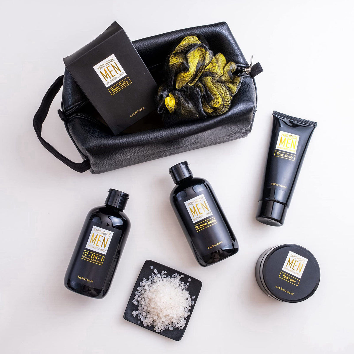 Yard House Bath and Body Spa Gift Baskets Set for Men - Sandalwood Amber - 7Pc Full Size Spa Kit in Toiletry Bag - Fathe