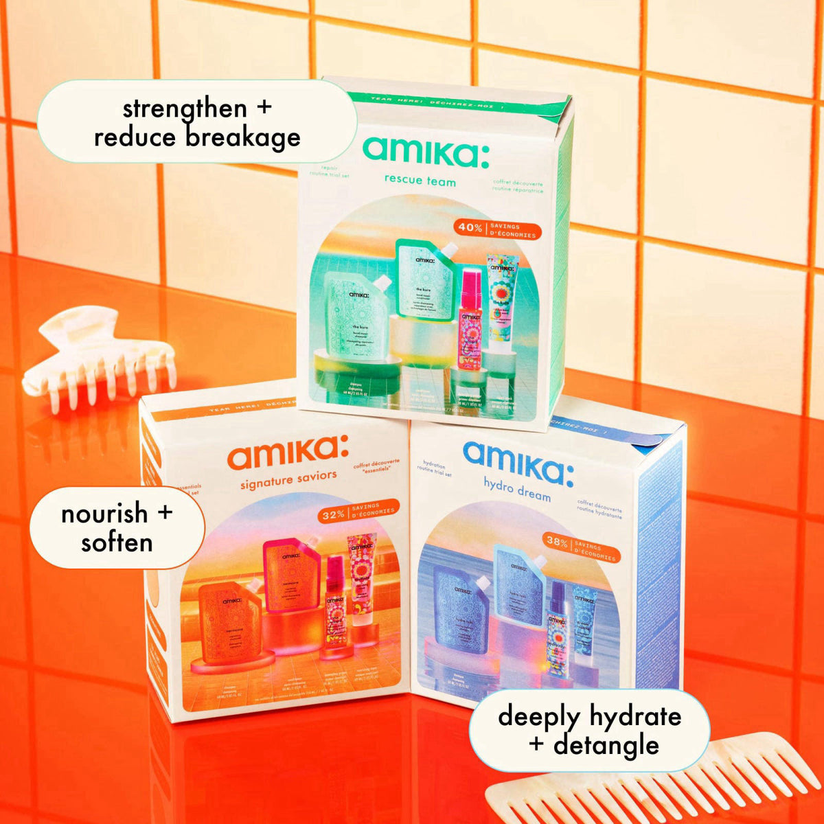 amika signature saviors essential trial set – Shampoo &amp; Conditioner Sets on display