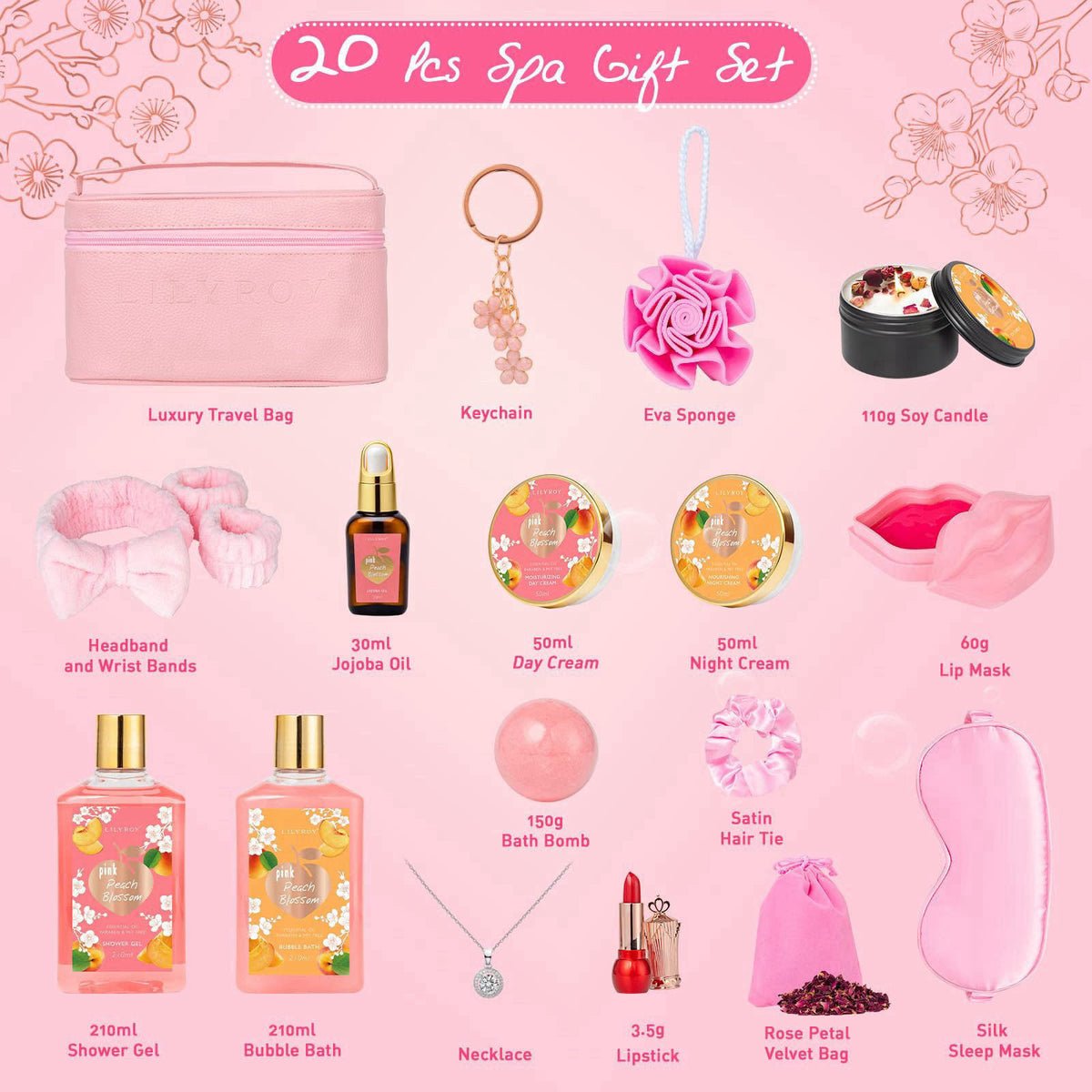 LILY ROY 20Pcs Luxurious Bath Gift Set, Skin Care Gifts, Spa Gifts for Women & Mom – packaging and label