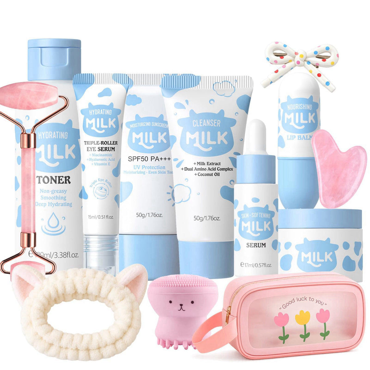 MrCuvaryas Milk Skincare Set for Kids - 13PCS Kids Face Care Kit with Toner, Cleanser, Cream, Serum, Sunscreen, Lip Balm