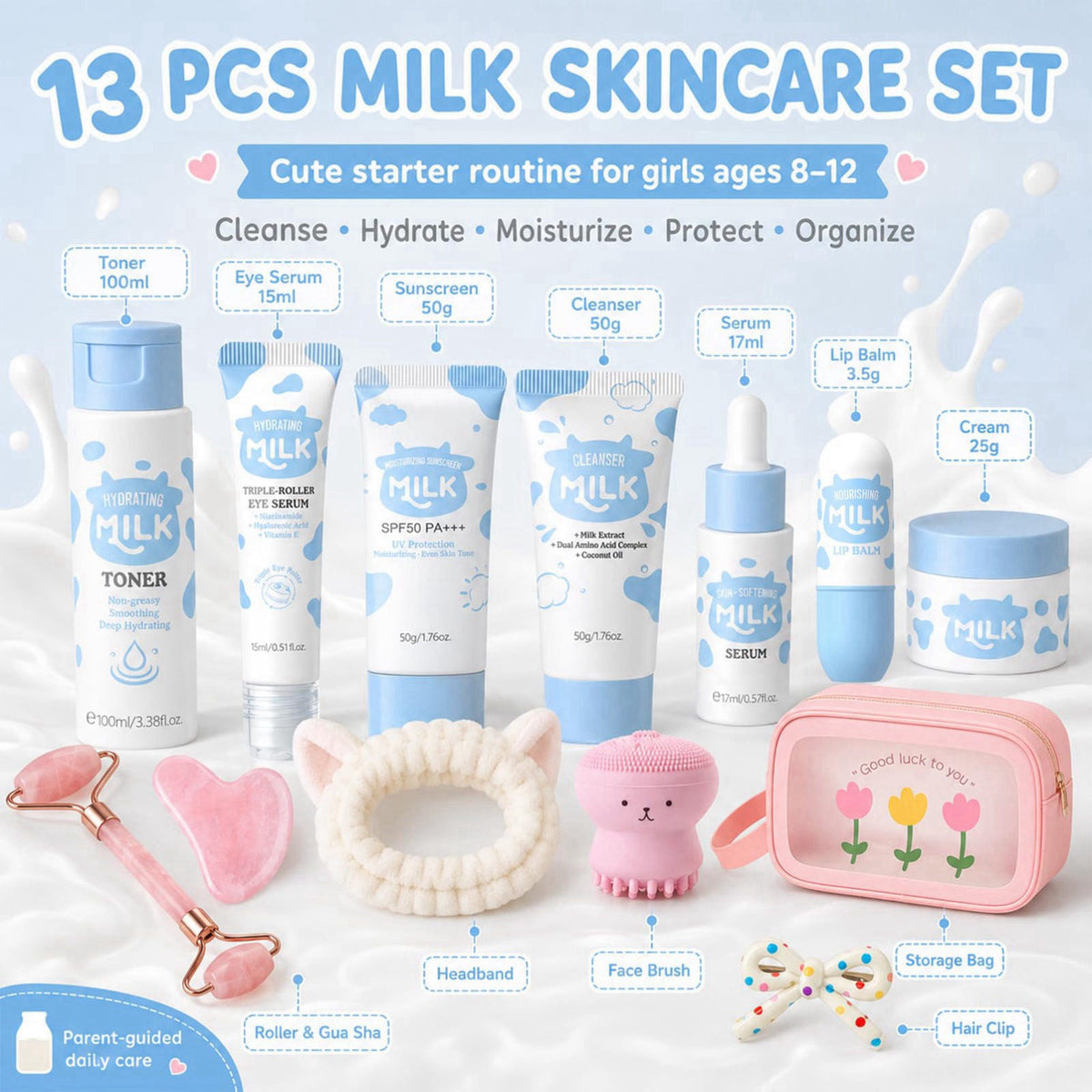 MrCuvaryas Milk Skincare Set for Kids - 13PCS Kids Face Care Kit with Toner, Cleanser, Cream, Serum, Sunscreen, Lip Balm