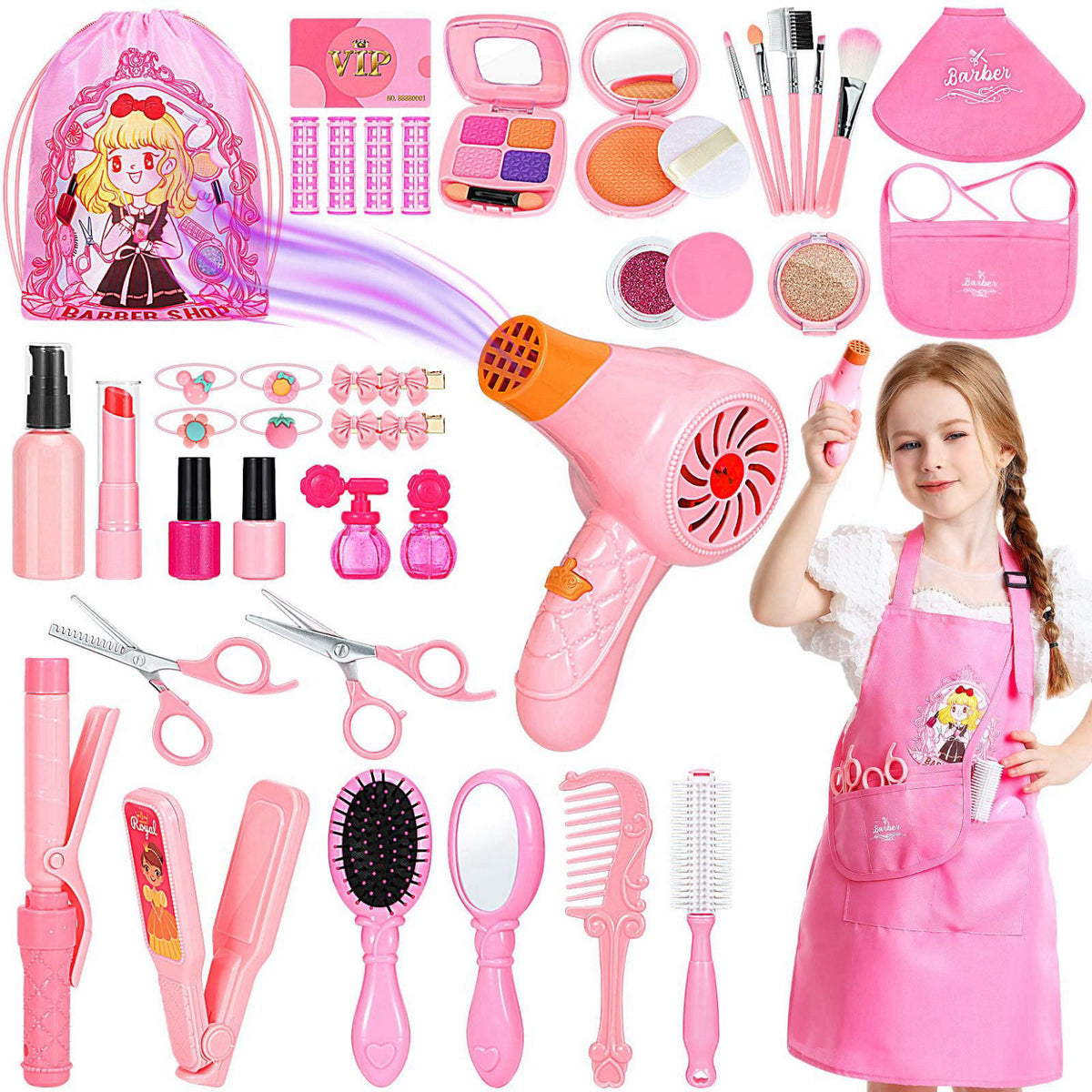 Hapgo Hair Salon Toys for Girls, 39 Pcs Pretend Play Makeup Toys Set – Plastic, Child-size