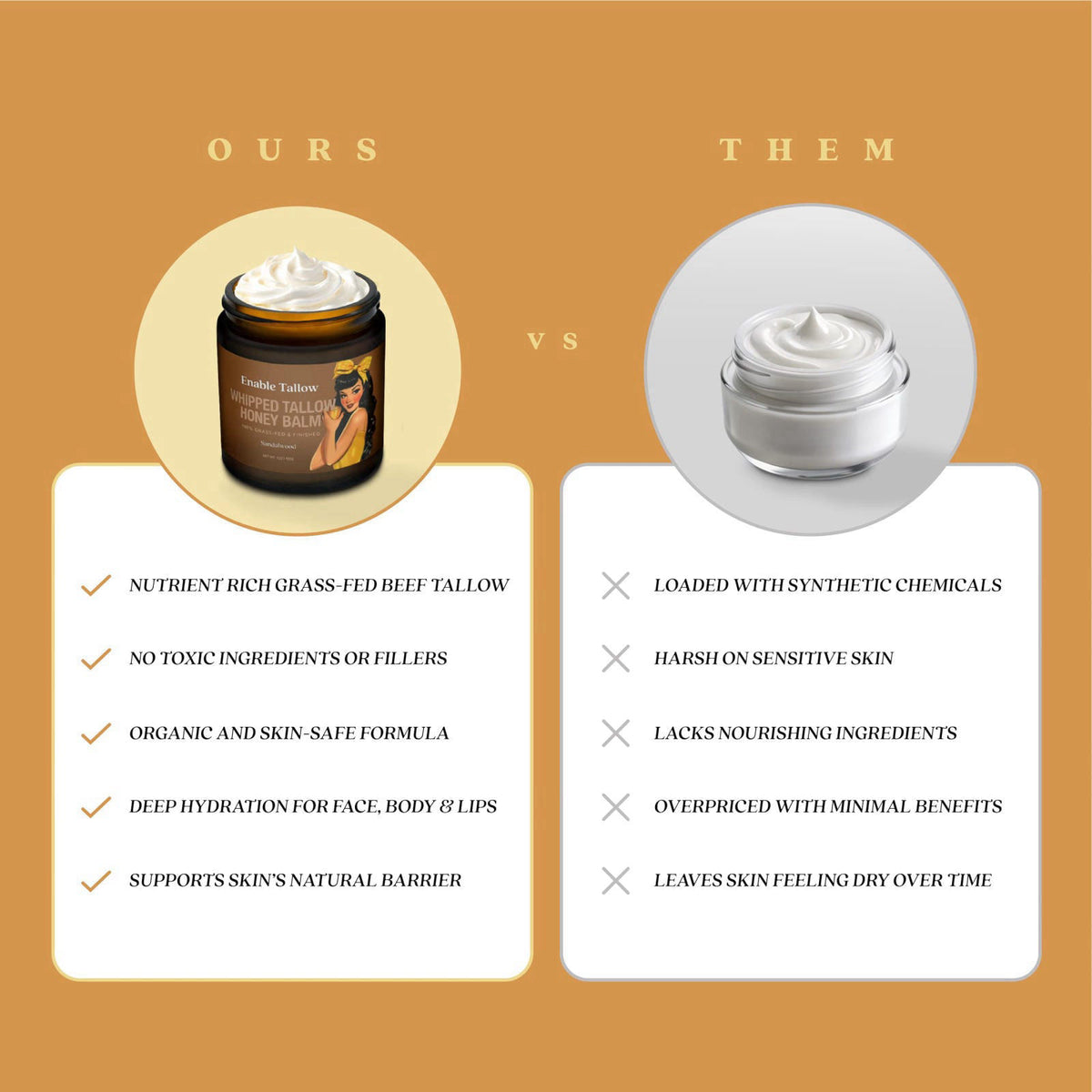 Enable Tallow Face & Body Cream – Whipped Beef Tallow & Manuka Honey Balm for Dry Skin, Eczema & Sensitive Skin – Natura