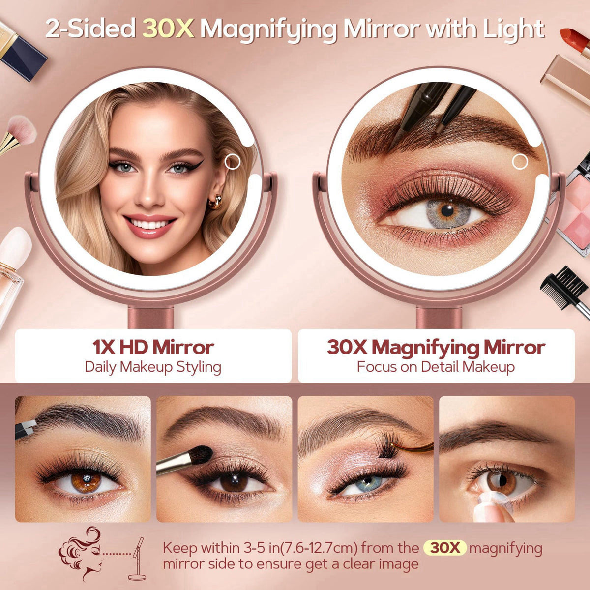 B Beauty Planet Makeup Mirror, Double-sided Lighted Magnifying Mirror 30X – packaging and label