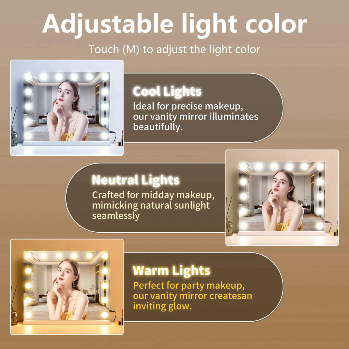 NUSVAN Vanity Mirror with Lights Lighted Makeup Mirror with Dimmable LED Bulbs,3 Color Lighting Modes,USB Charging Port 