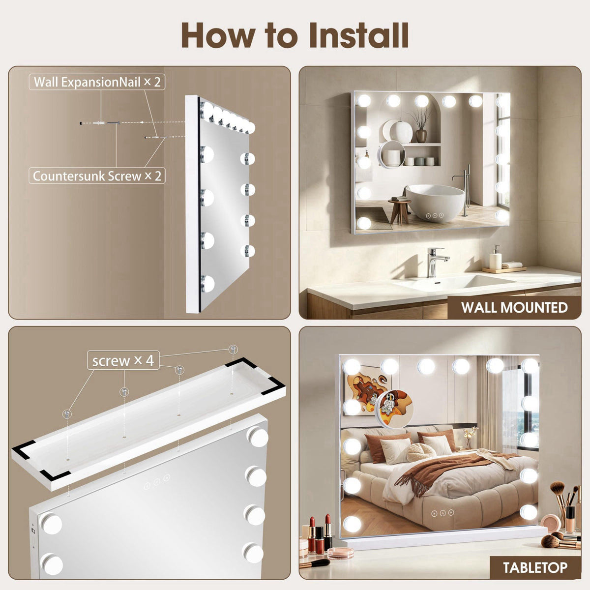 NUSVAN Vanity Mirror with Lights Lighted Makeup Mirror with Dimmable LED Bulbs,3 Color Lighting Modes,USB Charging Port 