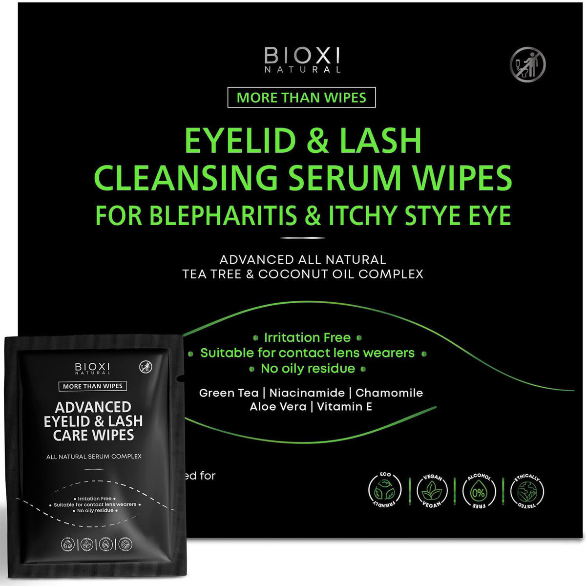 BIOXI Eyelid & Lash Cleansing Serum 60 Wipes for Itchy Stye Eye - Gentle Eye Area Cleansing - Advanced Natural Korean Fo