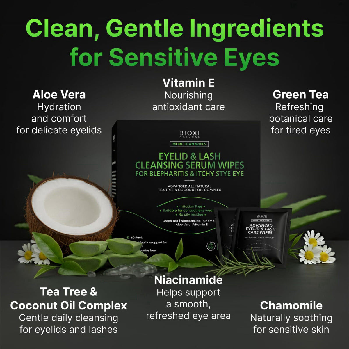 BIOXI Eyelid & Lash Cleansing Serum 60 Wipes for Itchy Stye Eye - Gentle Eye Area Cleansing - Advanced Natural Korean Fo