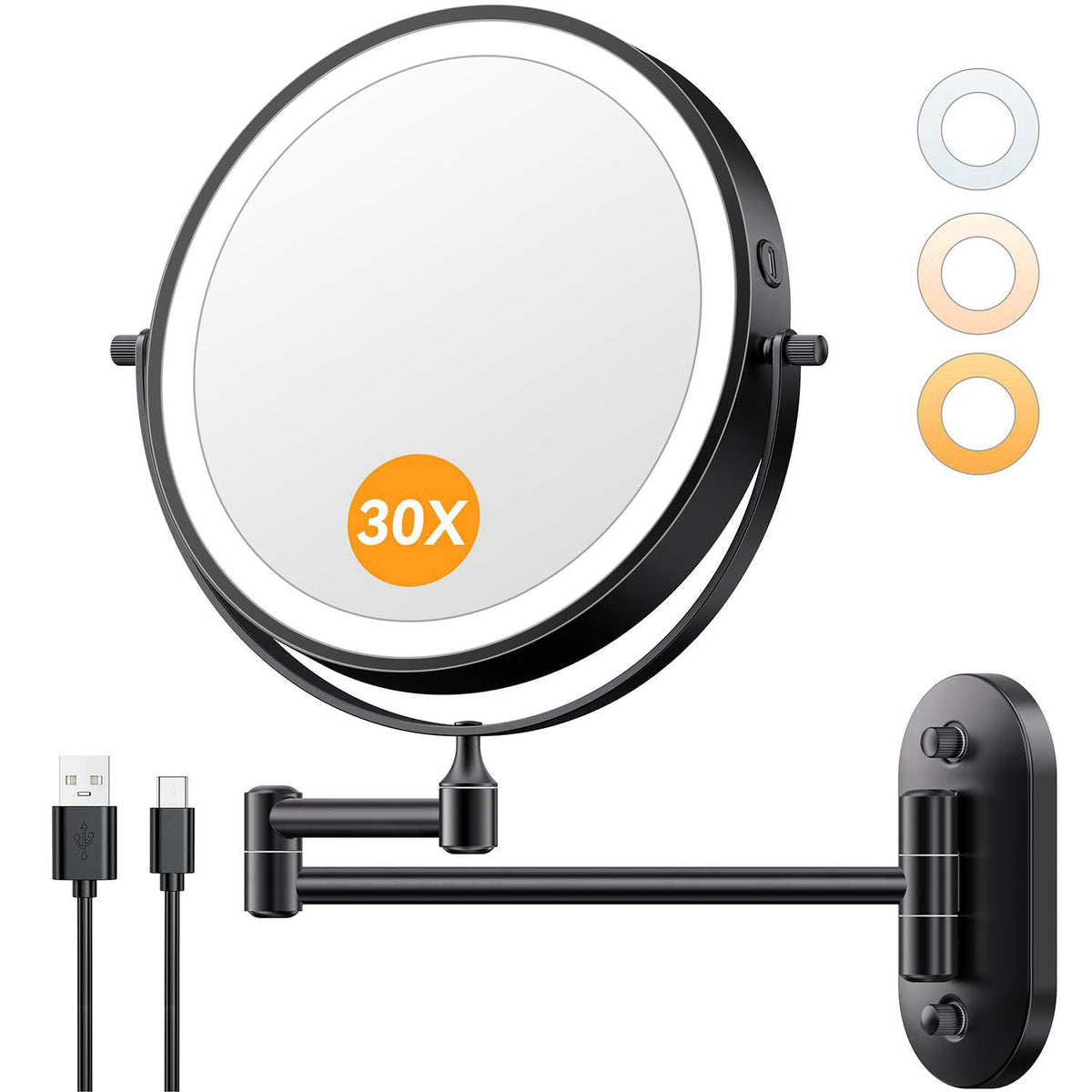 Auxmir 1X/30X Wall Mounted Makeup Mirror, 8" Rechargeable Magnifying Mirror – 8'' 30x-black, Metal