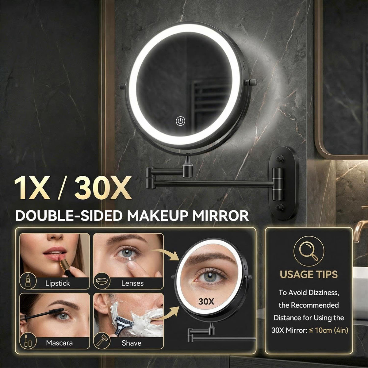 Auxmir 1X/30X Wall Mounted Makeup Mirror, 8" Rechargeable Magnifying Mirror – packaging and label