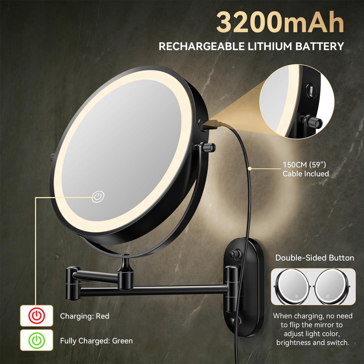 Auxmir 1X/30X Wall Mounted Makeup Mirror, 8" Rechargeable Magnifying Mirror – full view