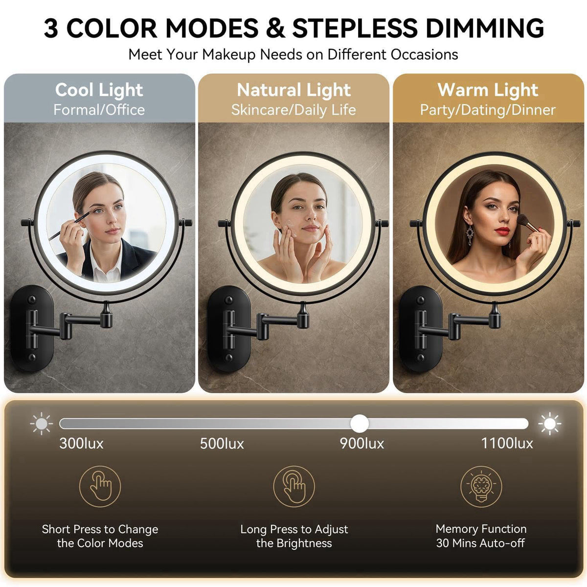 Auxmir 1X/30X Wall Mounted Makeup Mirror, 8" Rechargeable Magnifying Mirror – back view and specifications