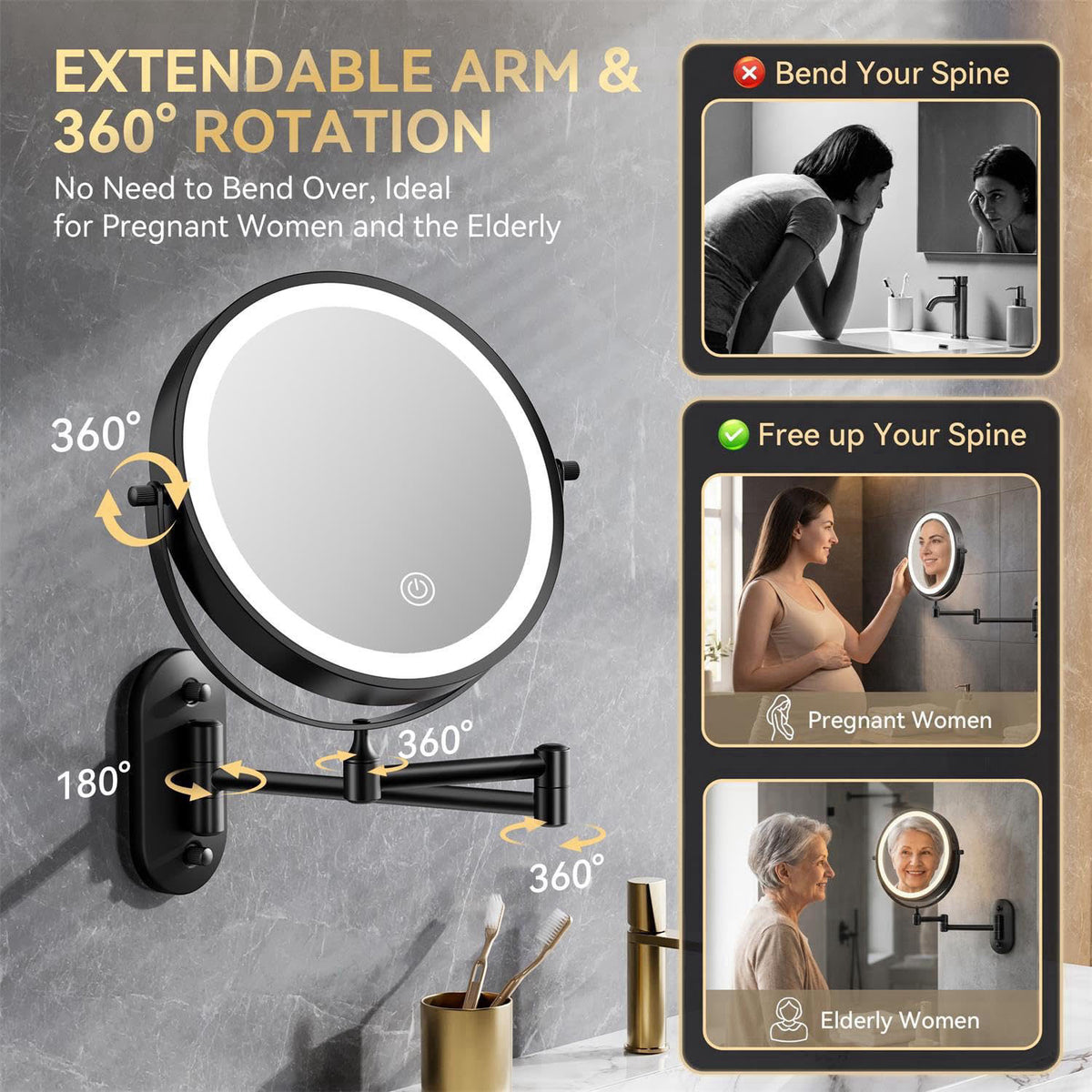 Auxmir 1X/30X Wall Mounted Makeup Mirror, 8" Rechargeable Magnifying Mirror – alternate angle