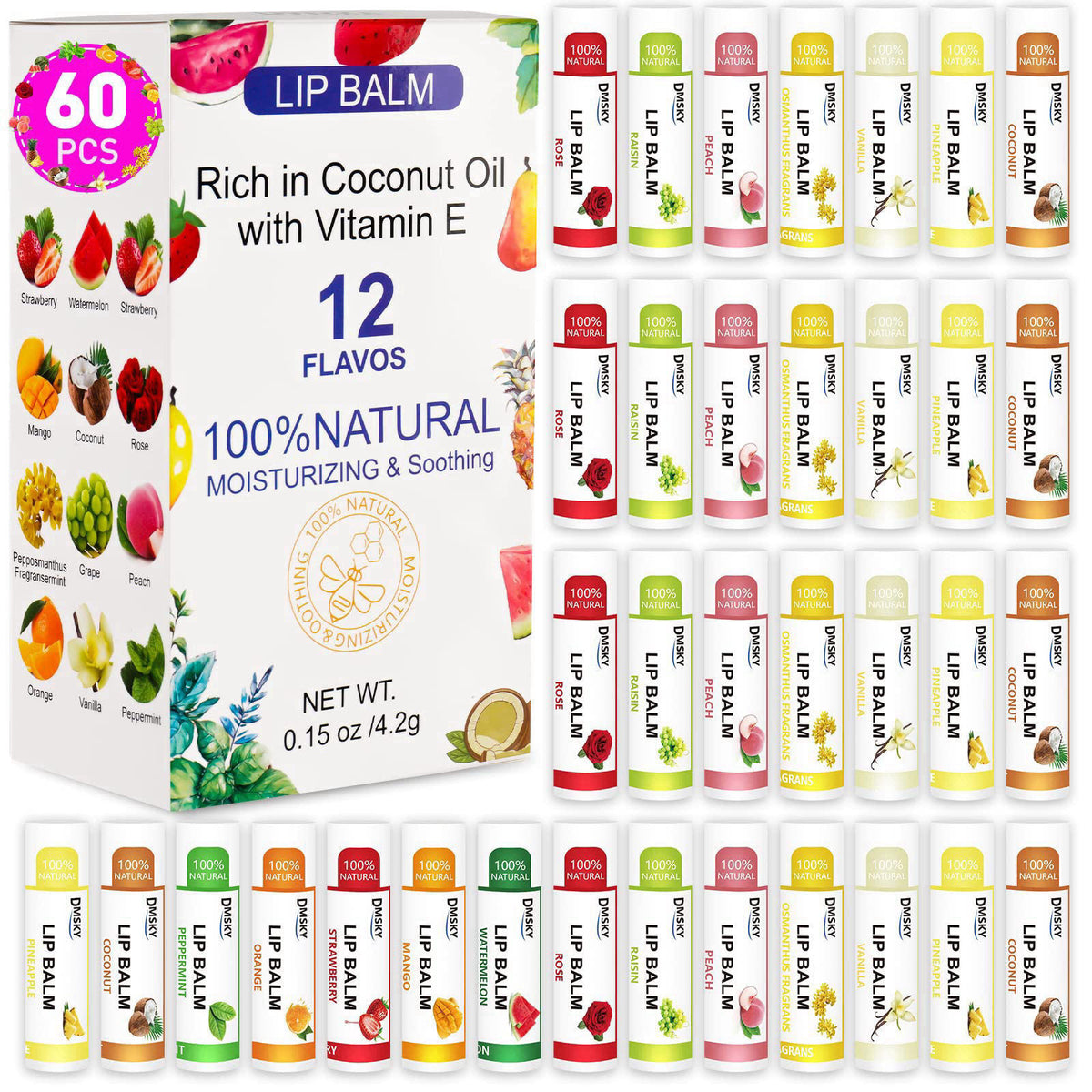 DMSKY 60 Pack Lip Balm Bulk, Natural, 12 Flavors – product photo (Balms &amp; Moisturizers)