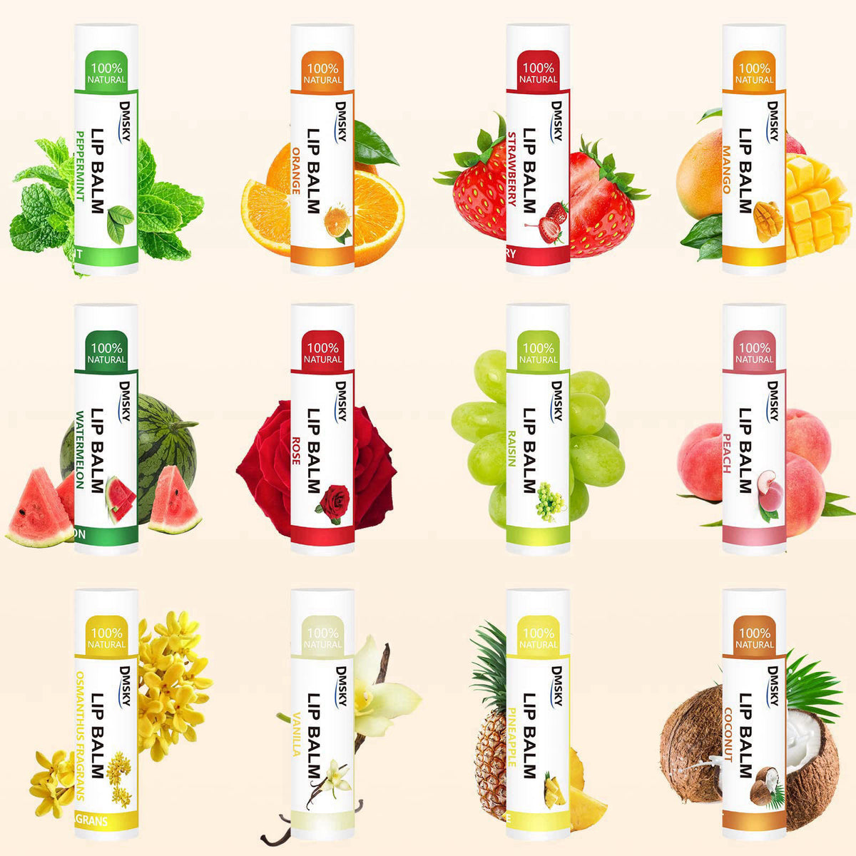 DMSKY 60 Pack Lip Balm Bulk, Natural, 12 Flavors – close-up detail in E-60 Count