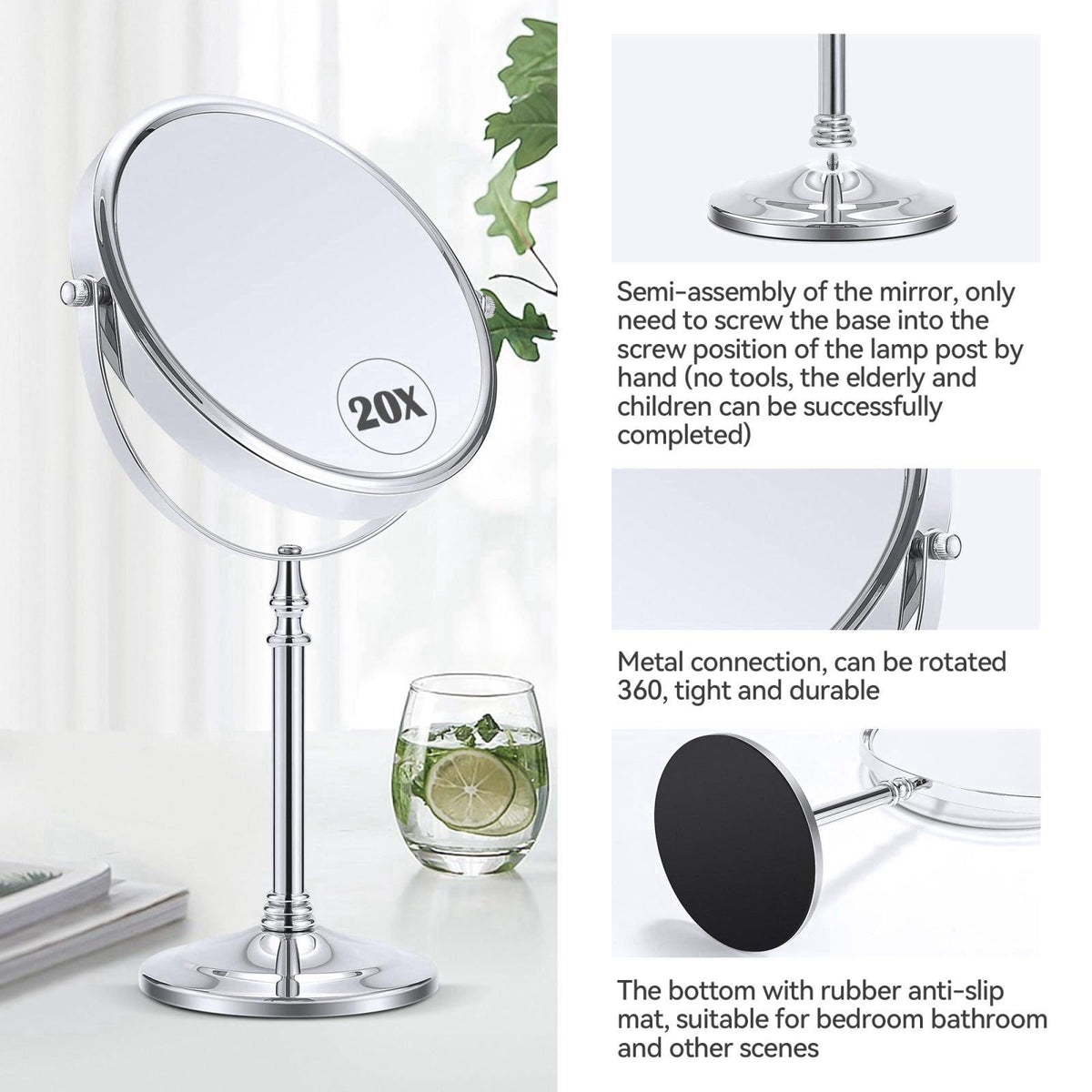 MIYADIVA Magnifying Mirror 20x, Double Sided 1X & 20X Magnifying Mirror on Stand, Large Tabletop Magnified Vanity Mirror