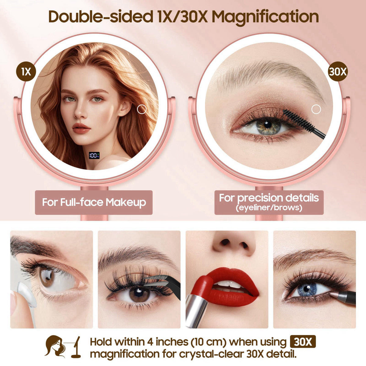 GOMIPURU Makeup Magnifying Mirror with Light 30X/1X, Digital Display, 2-Sided Touch Control, Makeup Mirror with 3 Color 