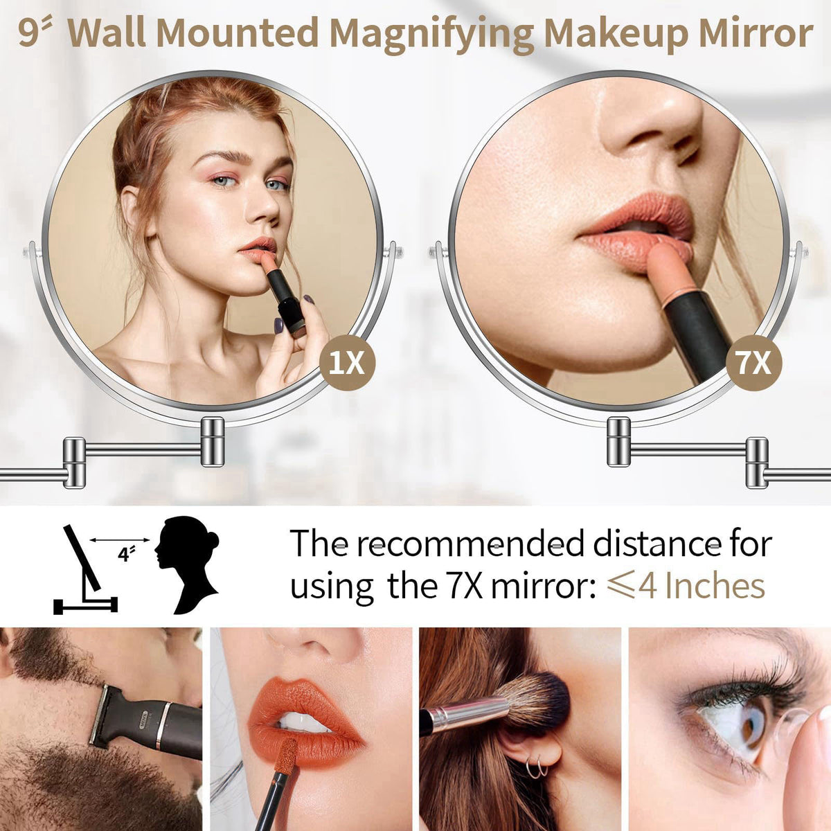 BTremary 9” Large Wall Mounted Makeup Mirror 1X/7X Double-Side Bathroom Magnifying Mirror 360 Swivel Vanity Mirror Exten