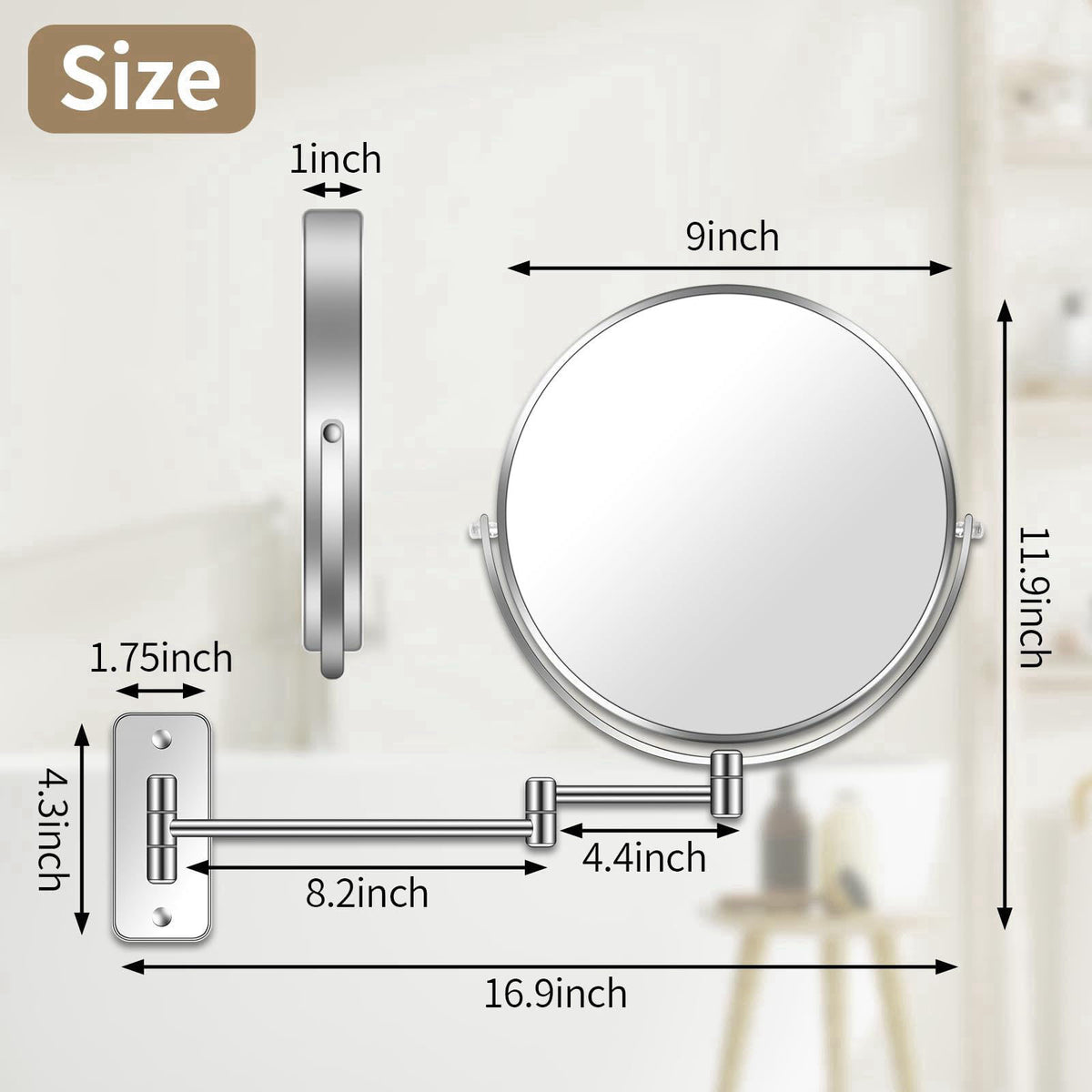 BTremary 9” Large Wall Mounted Makeup Mirror 1X/7X Double-Side Bathroom Magnifying Mirror 360 Swivel Vanity Mirror Exten