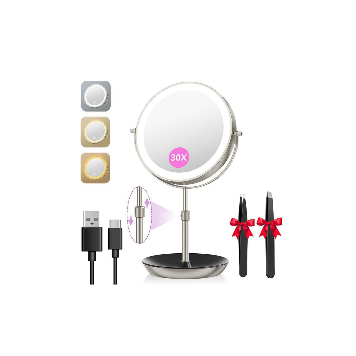 Auxmir 9" 1X/30X Lighted Makeup Mirror, Rechargeable Maginfying Mirror – product photo (Makeup Mirrors)