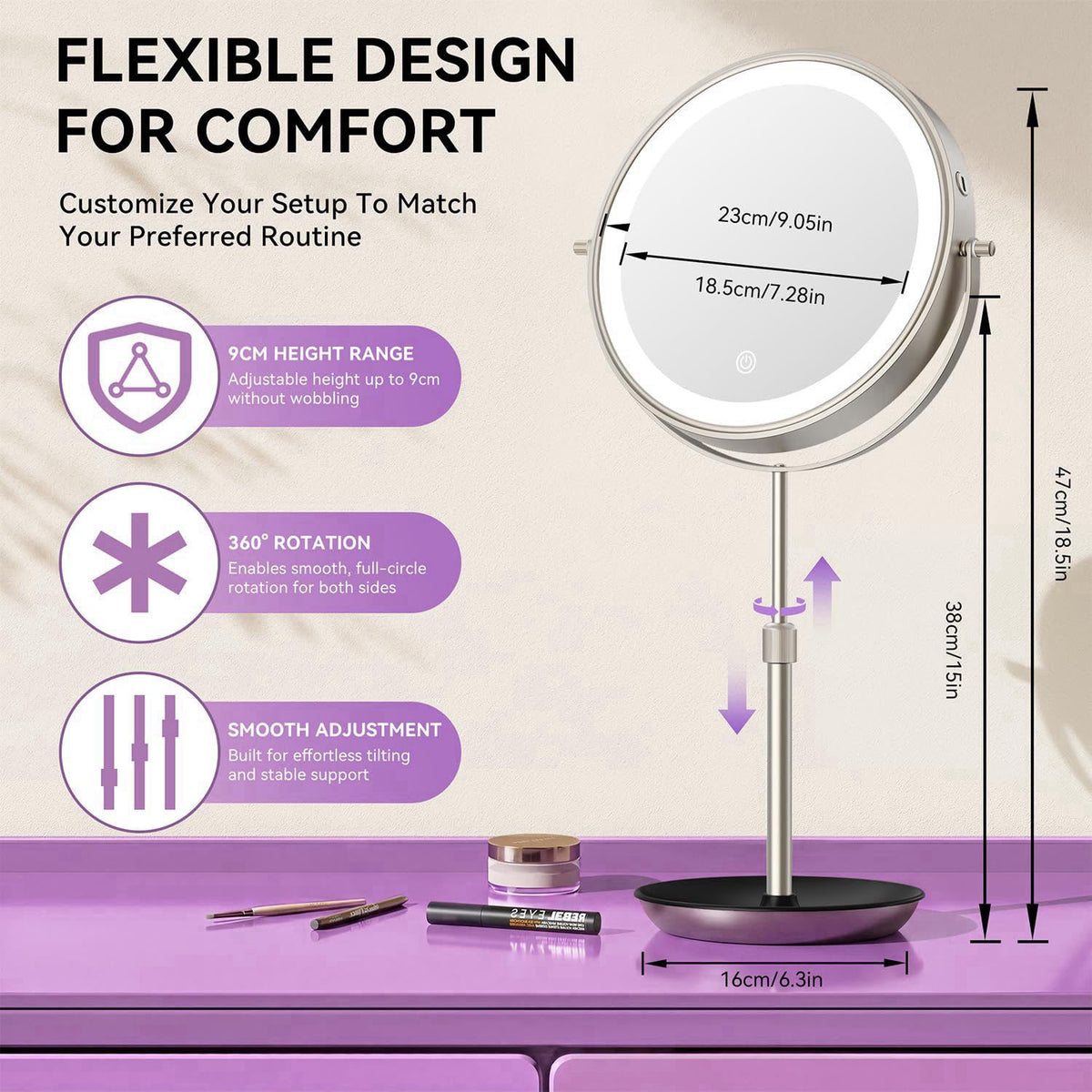 Auxmir 9" 1X/30X Lighted Makeup Mirror, Rechargeable Maginfying Mirror – close-up detail in Nickel