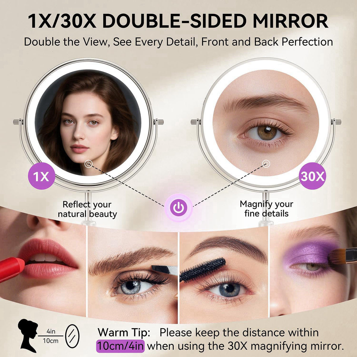 Auxmir 9" 1X/30X Lighted Makeup Mirror, Rechargeable Maginfying Mirror – packaging and label