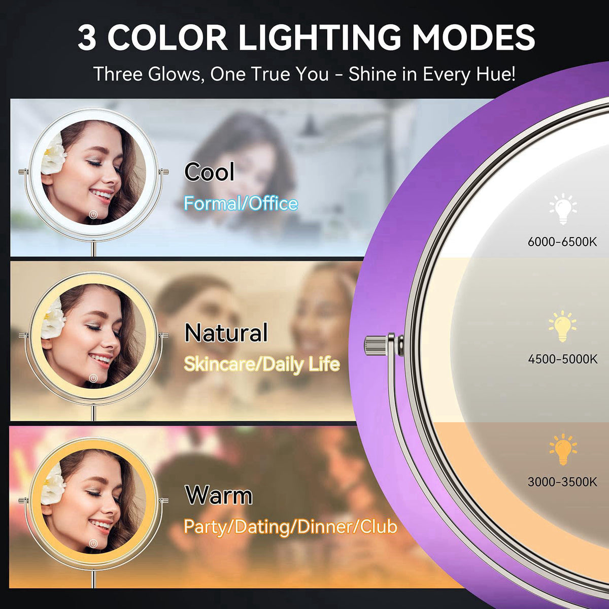 Auxmir 9" 1X/30X Lighted Makeup Mirror, Rechargeable Maginfying Mirror – full view