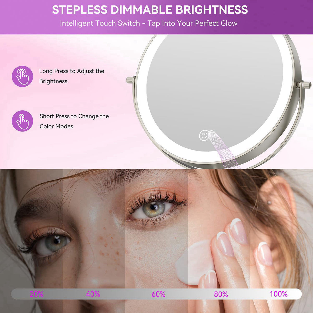 Auxmir 9" 1X/30X Lighted Makeup Mirror, Rechargeable Maginfying Mirror – back view and specifications