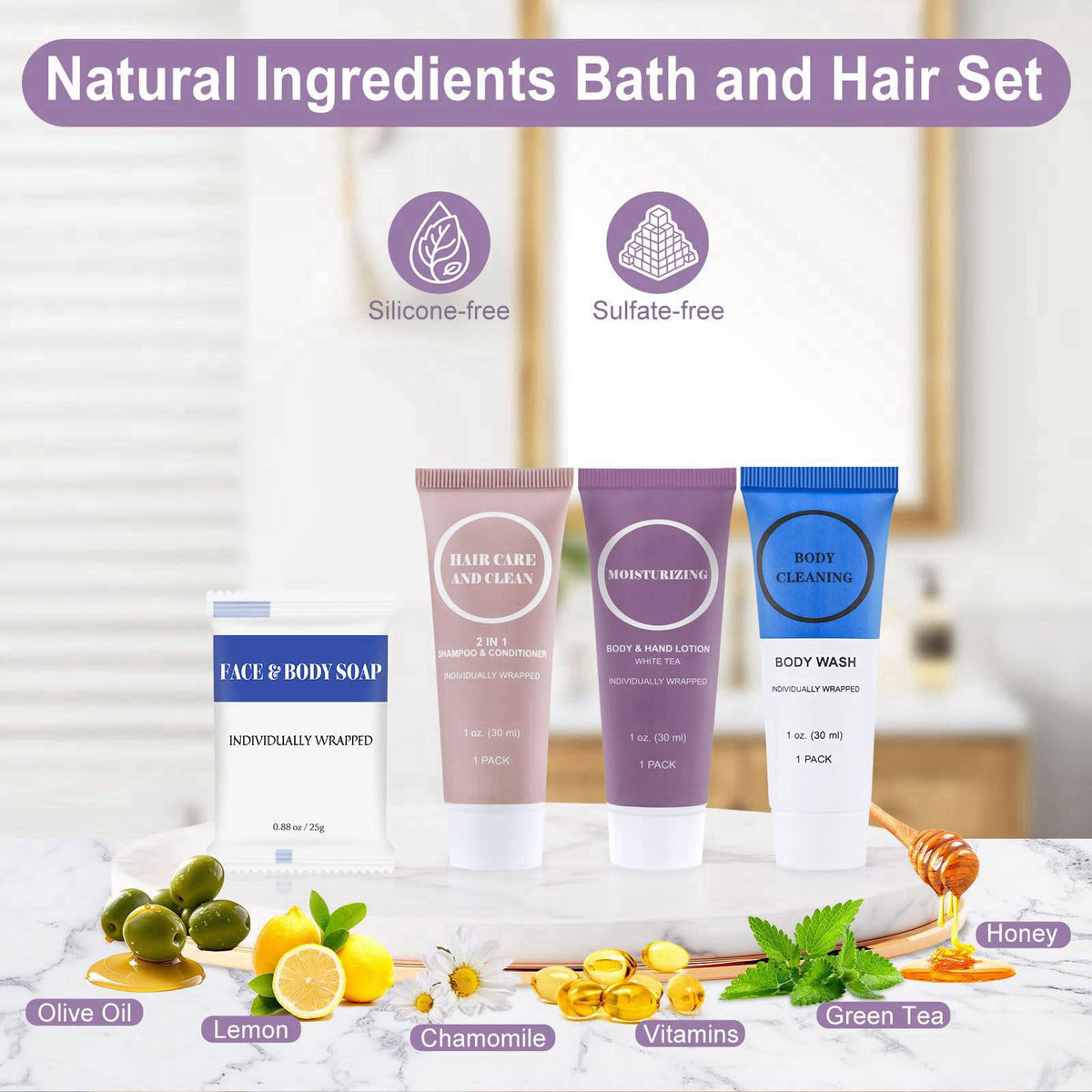RSQAZQ Travel Size Toiletries Set Bulk, Individually Wrapped 1 Fl Oz (80 Pack) – full view