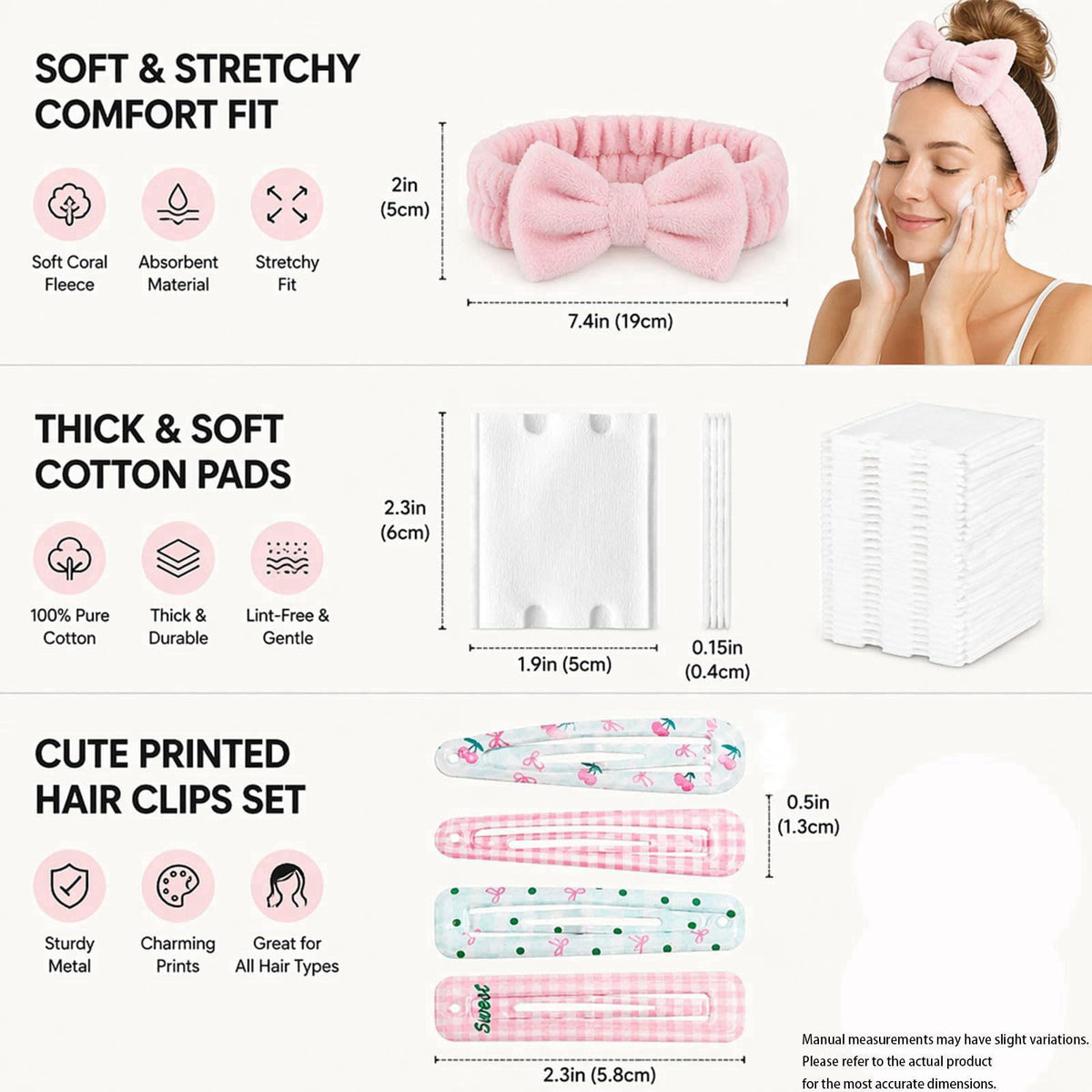 Skincare Accessories Set - Makeup Headband - Cotton Rounds - Hair Clips – close-up detail in Pink