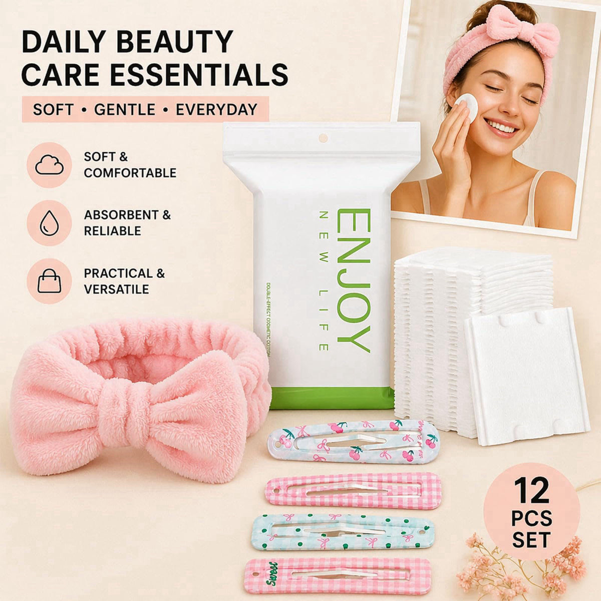 Skincare Accessories Set - Makeup Headband - Cotton Rounds - Hair Clips – packaging and label