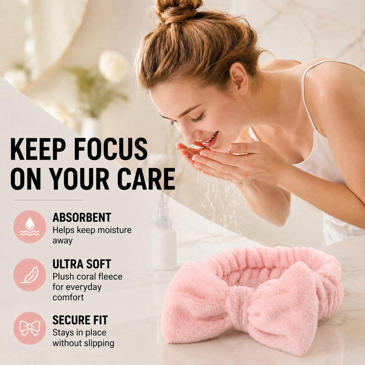 Skincare Accessories Set - Makeup Headband - Cotton Rounds - Hair Clips – back view and specifications