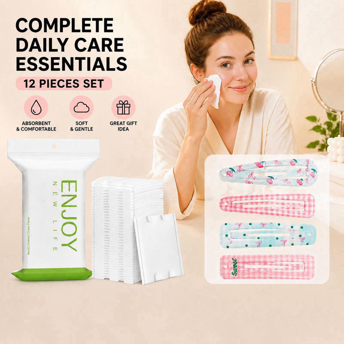 Skincare Accessories Set - Makeup Headband - Cotton Rounds - Hair Clips – alternate angle