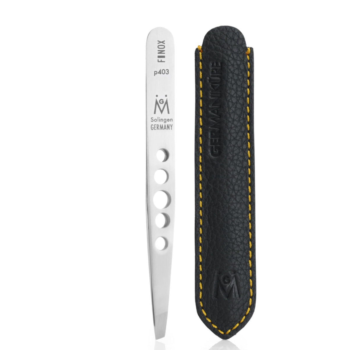 GERMANIKURE Perforated Slanted Tweezers, FINOX German Steel, Leather Case – product photo (Tweezers)
