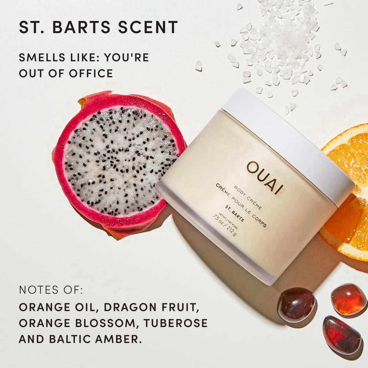 OUAI Body Cream - Hydrating Whipped Body Cream - St. Barts (7.5 oz) – back view and specifications