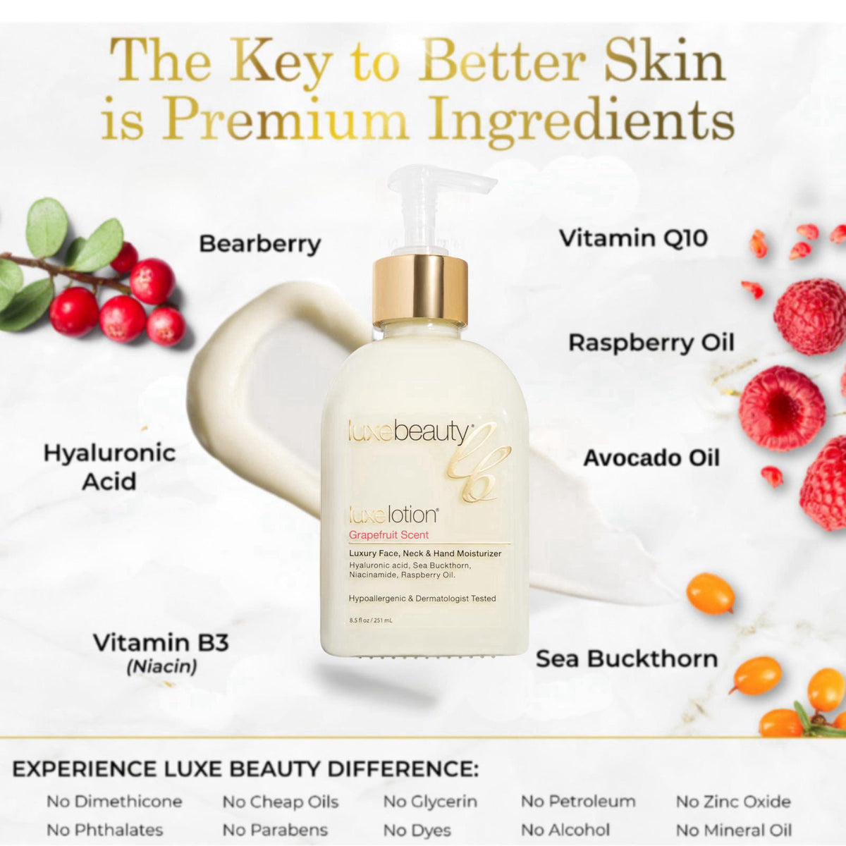 LUXEBEAUTY Non Greasy Hyaluronic Acid Moisturizer for Face, Neck & Hands – Grapefruit-Scented Hyaluronic Acid Body Lotio
