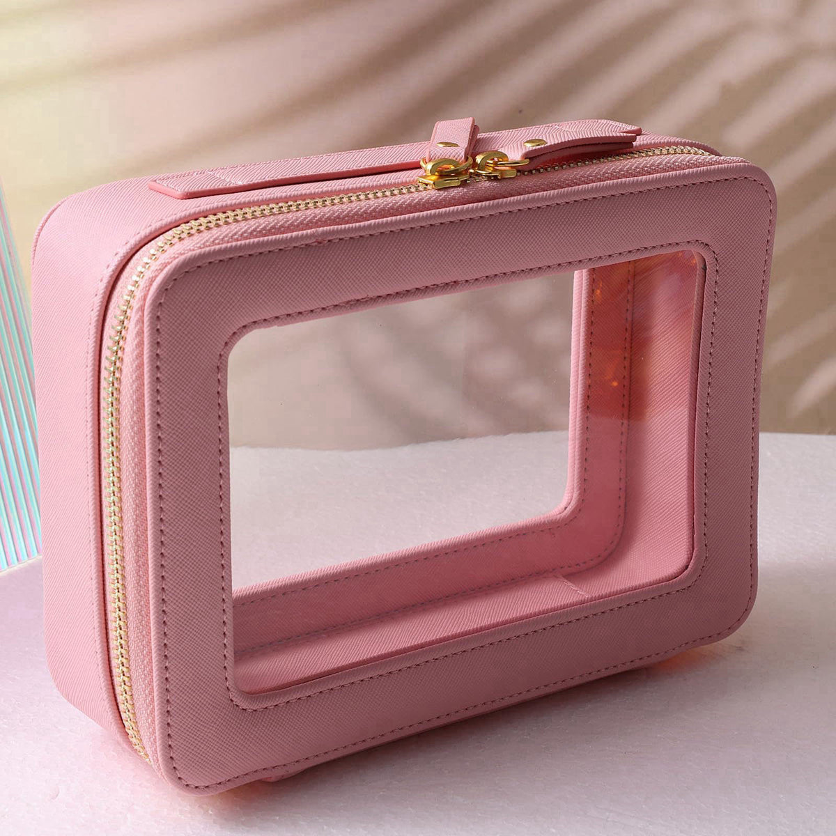 SANHECUN Toiletry bag waterproof cosmetic organizer with handle large opening for travelling (Pink) – packaging and labe