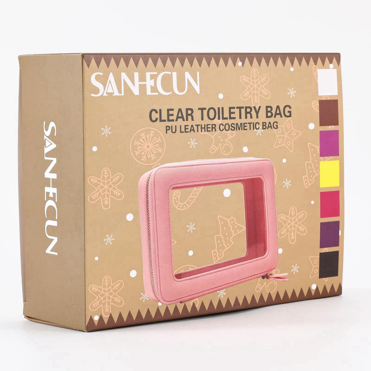 SANHECUN Toiletry bag waterproof cosmetic organizer with handle large opening for travelling (Pink) – back view and spec