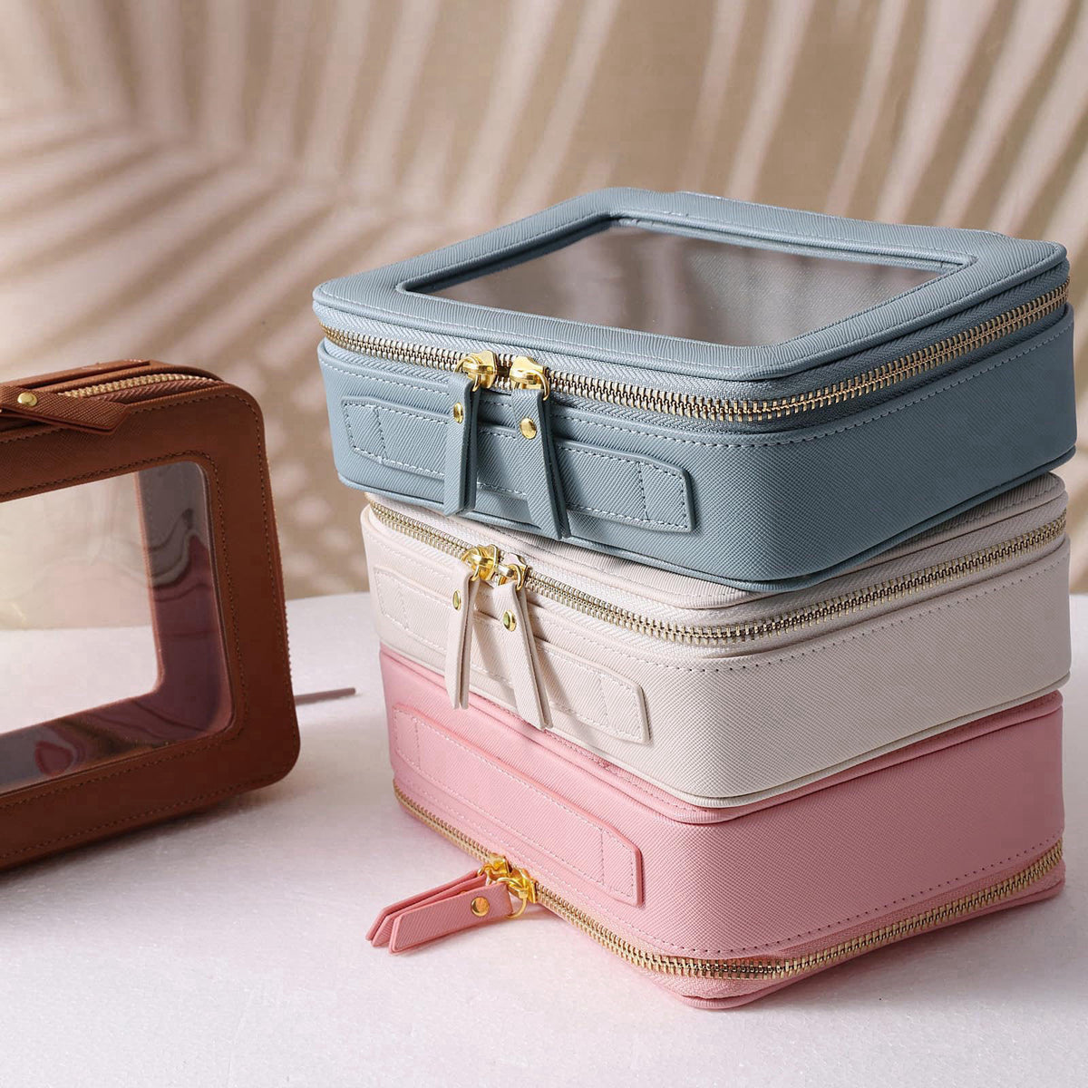 SANHECUN Toiletry bag waterproof cosmetic organizer with handle large opening for travelling (Pink) – alternate angle