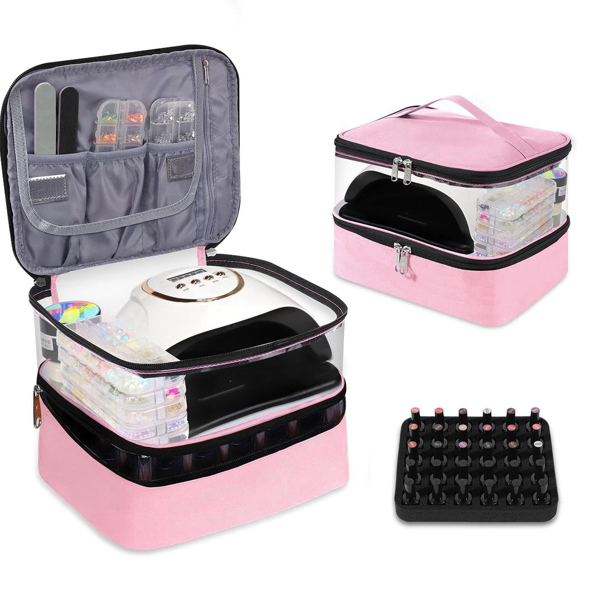 Beloving Clear Nail Polish Organizer Double layer Nail Polish Holds 30 Bottles and Nail Lamp, Nail Dryer Case Storage Su