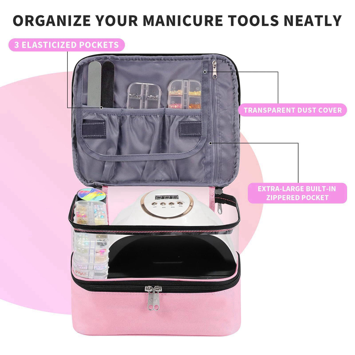 Beloving Clear Nail Polish Organizer Double layer Nail Polish Holds 30 Bottles and Nail Lamp, Nail Dryer Case Storage Su