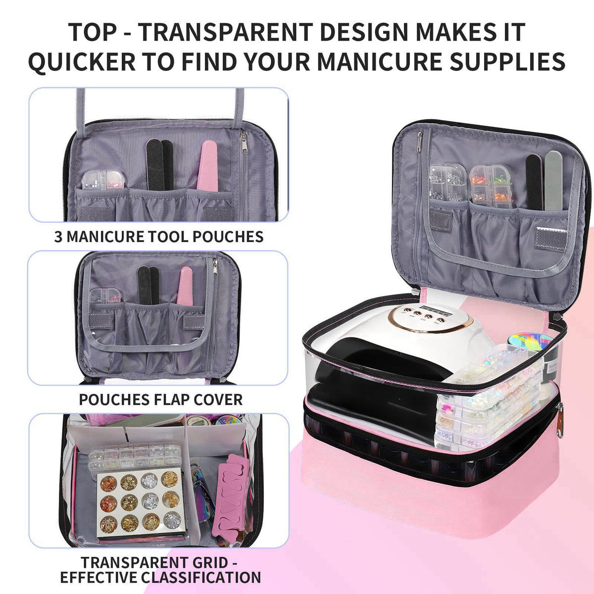 Beloving Clear Nail Polish Organizer Double layer Nail Polish Holds 30 Bottles and Nail Lamp, Nail Dryer Case Storage Su