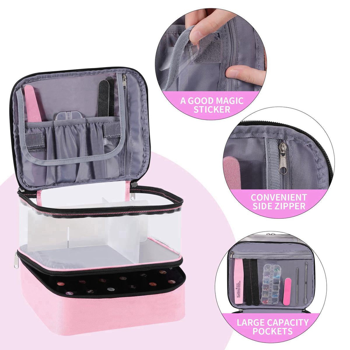 Beloving Clear Nail Polish Organizer Double layer Nail Polish Holds 30 Bottles and Nail Lamp, Nail Dryer Case Storage Su