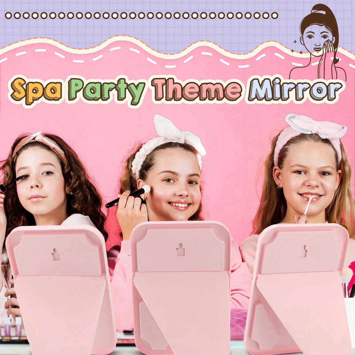 Doublefill 6 Pcs Spa Party Mirror Spa Party Supplies for Women, Pink – back view and specifications